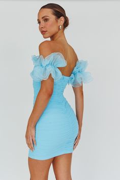 Star Dust Off-Shoulder Frill Sleeve Mini Dress Baby Blue by Selfie Leslie Mini Formal Dresses Short Prom, Baby Blue Hoco Dress, Light Blue Hoco Dress, Puffy Sleeve Prom Dress, Blue Hoco Dresses, Baby Blue Mini Dress, Sorority Dresses, Blue Sparkly Dress, Blue Homecoming Dress