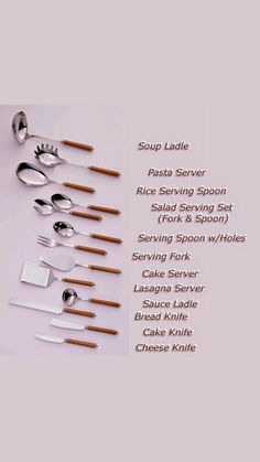 spoons, forks and knives are arranged on a white background with the words soup ladle