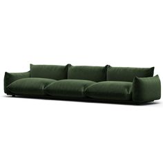 a large green couch with pillows on it's back and arms, in front of a white background