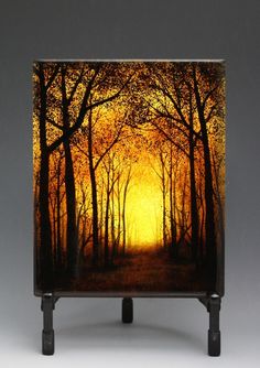 an image of a painting with trees in the background and yellow light coming from behind it