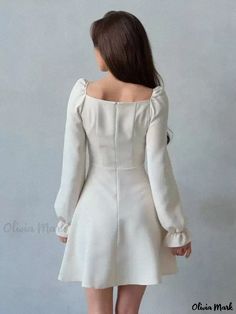 Olivia Mark - Classic White Semi-Formal Dress with Long Sleeves and Square Neck White Semi Formal Dress, Square Fabric, Dress Weights, Semi Formal Dress, Dress With Long Sleeves, Mini Short, Fabric Squares, Olivia Mark, Flared Sleeves