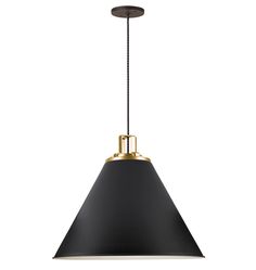 a black and gold pendant light hanging from a ceiling