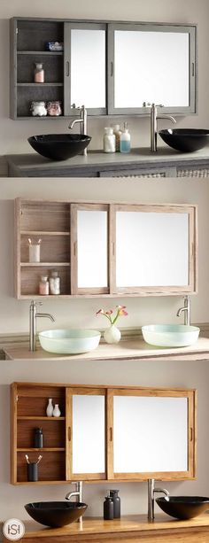 two sinks and mirrors in a bathroom with wooden shelves above them, one is empty