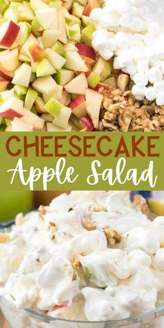 cheesecake apple salad in a glass bowl with apples and marshmallows on the side