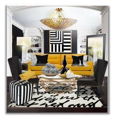 a living room filled with yellow furniture and black and white decor on top of a rug