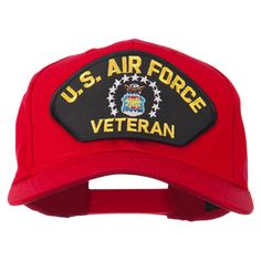 US Air Force Veteran Military Patch CapMade of 35% cotton and 65% polyester.One size fits most with an adjustable plastic snap closure, fitting up to 7 1/2.Same material inner hatband.Adult/Unisex.Crown measures 3 1/2 inches deep.Bill measures 2 3/4 inches long.Hand wash only.Imported. US Air Force Veteran embroidered military patch is featured on the front crown of cap.6 small ventilation holes placed on each panel of crown.Front crown is constructed.Bill is stiff and pre curved.6 panels.High p Military Style Baseball Cap With Logo Patch, Trucker Visor Hat With Logo Patch, Adjustable Military Cap, Military Snapback Baseball Cap With Logo Patch, Military Style Adjustable Baseball Cap, Military Style Sports Snapback Hat With Curved Brim, Military Style Snapback Hat With Curved Brim For Sports, Military Style Trucker Hat With Flat Bill, Military Cap With Logo Patch