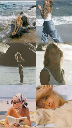 the collage shows two women in different outfits and one is reading a book on the beach