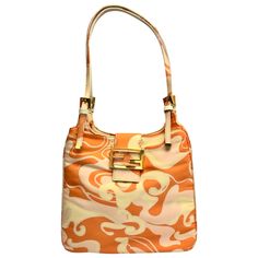 - Fendi orange multi-coloured abstract print silk hand bag. We love the 70s inspired abstract print and the colour combination of the bag that you can bring it to travel everywhere during summer. - Featuring Iconic FF baguette gold hardware logo snap button closure. One F is in orange coating gold hardware. - Abstract print with gold hardware straps handle. - One interior zip pocket. - Orange silk lining. - Length: 9 inches. Height: 9 inches. Width: 1 inches. Handle Drop: 10 inches. 70s Bags, Chic Closet, 1st Dibs, Velvet Purse, Hardware Logo, Dream Bags, Brown Satin, Togo Leather, Rose Gold Hardware