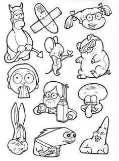 cartoon characters are drawn in black and white