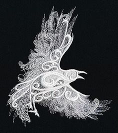 a white embroidered bird on a black background