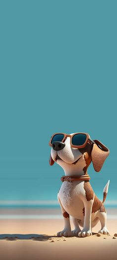 a dog wearing sunglasses sitting on top of a sandy beach