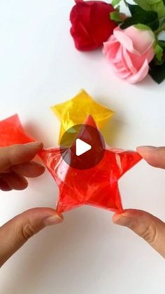 someone is holding up a star shaped origami piece with flowers in the background