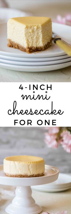 four different cheesecakes on plates with the words 4 - inch mini cheesecake for one