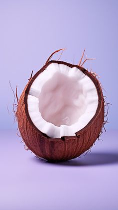 a half eaten coconut sitting on top of a purple surface