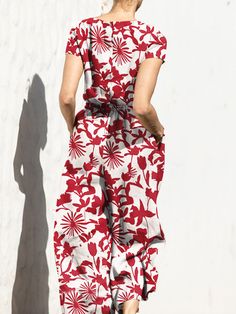 Plant Print Elastic Waist Pocket Short Sleeve Casual Jumpsuit Casual Jumpsuits And Rompers With Tie Waist For Vacation, Short Sleeve Jumpsuits And Rompers With Pockets For Beach, Casual Jumpsuits And Rompers With Tie Waist, Casual Short Sleeve Jumpsuits And Rompers For Vacation, Red Short Sleeve Jumpsuits And Rompers With Pockets, Red Jumpsuits And Rompers With Pockets, Casual Printed Jumpsuit For Vacation, Casual Floral Print Jumpsuits And Rompers, White Vacation Jumpsuits And Rompers With Pockets