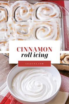 cinnamon roll icing in a white bowl on a red and white checkered table cloth