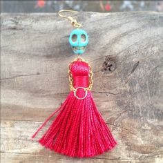 Super Cute Skeleton Skull Tassel Earrings. Turquoise Head With Red Tassel Dress And Gold Arms. Hurry, These Are Selling Fast! High Fashion Earrings, Sugar Skull Earrings, Geode Jewelry, Skeleton Earrings, Skeleton Skull, Skull Jewelry, Beaded Skull, Skull Earrings, Halloween Earrings