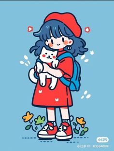 a girl holding a cat in her arms and wearing a red hat on top of her head