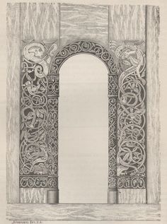 an old drawing of a door with intricate designs