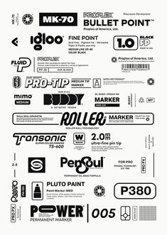 the back side of a poster with different types of logos and numbers in black and white