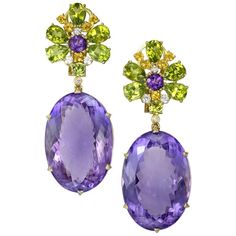 Alex Soldier Amethyst Peridot Sapphire Diamond Gold Drop Earrings One of a Kind | 1stdibs.com Gem Candy, Gents Suits, Yellow Gold Drop Earrings, 12 Stones, Spessartite Garnet, Light Amethyst, Purple Jewelry, Sparkle Earrings, Amethyst Jewelry