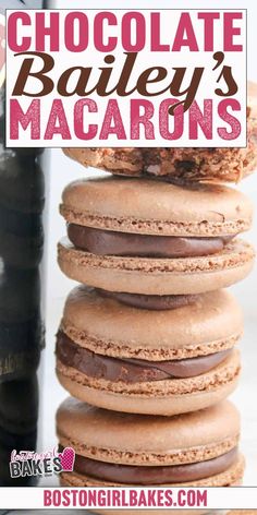 chocolate bailey's macarons stacked on top of each other with text overlay