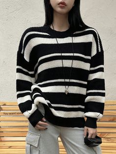 Women's Loose Striped Pullover Sweater Black and White Casual  Long Sleeve Fabric Colorblock,Striped Pullovers Medium Stretch  Women Clothing, size features are:Bust: ,Length: ,Sleeve Length: Ruffle Long Sleeve Dress, Drop Shoulder Cardigan, Elegant Dresses Long, Knitted Pullover Sweaters, White Casual, Knitted Pullover, Womens Fall, Knitwear Women, Black Sweaters