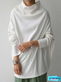 Long Sleeve Cotton-Blend Sweatshirt White Oversized Turtleneck Sweatshirt, Oversized White Turtleneck Sweatshirt, Plain White Sweater For Winter, Plain Tops For Winter Layering, Plain Tops For Layering In Fall, Winter White Long Sleeve Top For Fall, Casual White Turtleneck Top, White Long Sleeve T-shirt For Fall, Casual Plain Turtleneck Top