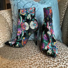 New Just Fab Madelina Heeled Pointed Toe Bootie With Multicolored Brocade Fabric. Black Satiny Background With Multicolored Woven Design. Stiletto Heels, Approximately 4-1/4” High. Back Zip. Never Worn. No Box. Multicolor Floral Print Heels With Round Toe, Multicolor Pointed Toe Heels For Night Out, Multicolor Ankle-high Heels, Multicolor Heels For Night Out, Multicolor High Heels For Fall, Multicolor Fitted Heels For Night Out, Fitted Multicolor Heels For Night Out, Multicolor Closed Toe Heels With Floral Print, Fabric High Heel Boots