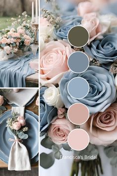 a bouquet of flowers with different shades of blue and pink in the center, on a table