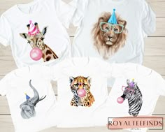 three t - shirts with animals wearing party hats and glasses on them, one has an elephant, the other is giraffe