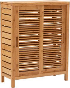 a wooden cabinet with shutters on the top and bottom doors open to show wood slats