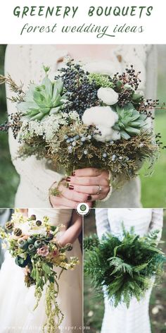 wedding bouquets with greenery and white flowers are the focal point for this photo