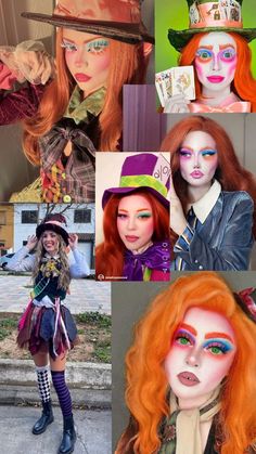 the collage shows many different images of women in costumes and hats, including clowns