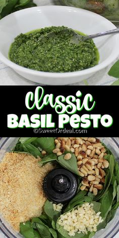 basil pesto in a white bowl with spinach, pine nuts and parmesan cheese