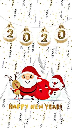 a happy new year card with santa claus and snowmen