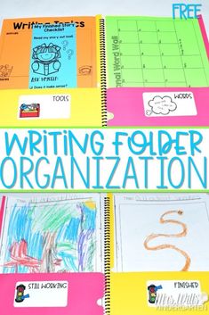 writing folder organization for kids with the words writing folder organization on it and pictures of children's drawings