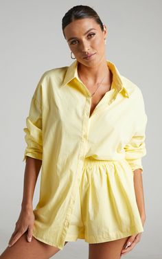 Terah Shirt in Butter Yellow | Showpo Two Pieces Set Outfits, Two Piece Shorts Set, Women Blouses Fashion, Traje Casual, Mini Short, Casual Suit, Elastic Waist Shorts, Tracksuit Women, Mini Shorts