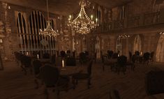 an old fashioned dining room with chandeliers and chairs in it, all lit up