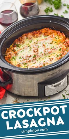 slow cooker lasagna recipe in the crock pot with text overlay