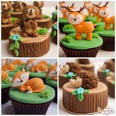 cupcakes made to look like animals on top of trees and grass with leaves