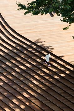 an aerial view of a person walking on a wooden walkway with trees in the background