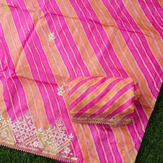 Pink Leheriya Pure Tussar Silk Gotta Patti Unstitched Suit Set - Khinkhwab Unstitched Tussar Silk Suit With Gota Work, Diwali Tussar Silk Unstitched Suit With Gota Work, Unstitched Tissue Silk Anarkali Set With Cutdana, Eid Tussar Silk Anarkali Set With Dori Work, Unstitched Tissue Silk Suit For Navratri, Semi-stitched Tussar Silk Anarkali With Dori Work, Silk Unstitched Suit With Gota Work For Eid, Silk Unstitched Suit With Gota Work For Designer Wear, Festival Tussar Silk Dupatta With Dabka Work