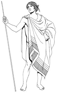 an ancient greek man holding a spear and wearing a hat with a scarf on his head