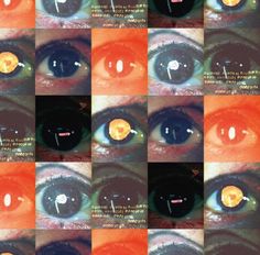 many different images of an eye with orange and blue irises in them, all showing the same amount of light