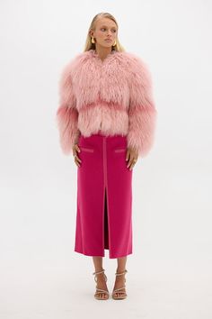 Pink Feather Trim Outerwear For Fall, Fall Pink Outerwear With Feather Trim, Chic Pink Spring Fur Coat, Chic Pink Fur Coat For Spring, Luxury Long Sleeve Outerwear With Feather Trim, Luxury Pink Long Sleeve Outerwear, Luxury Long Sleeve Pink Outerwear, Pink Winter Outerwear With Feather Trim, Chic Pink Faux Fur Coat