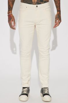 Available In Cream, Black, Burgundy, Charcoal, Brown, Khaki and Light Blue Button Closure Zip Fly 5-Pocket Style Skinny Fit 32 Inseam 98% Cotton 2% Spandex Imported | Mens Mac Chino Skinny 5 Pocket Pants in Cream size 42 by Fashion Nova Cream Fashion, Color Crema, Chino Pants, Pocket Pants, Black Border, Chinos Pants, Solid Black, Fashion Nova, Mens Pants