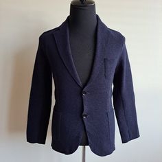 Brand New With Tag. Made In Austria. Made Of 100% Merino Wool Fitted Blue Cardigan With Pockets, Fitted Business Cardigan, Blue Long Sleeve Cardigan For Formal Occasions, Blue Long Sleeve Formal Cardigan, Fitted Blue Wool Cardigan, Fitted Navy Cardigan For Work, Casual Blue Wool Blazer, Classic Fitted Blue Cardigan, Knit Blazer