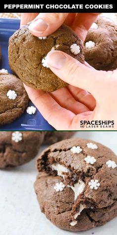 chocolate cookies with white sprinkles on top and in the middle, one being eaten