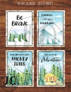 four cards with the words be brave and mountains